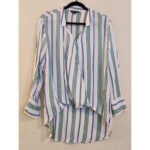 Velvet Heart Size Large Blue/Green Striped V-Neck Crisscross pullover top